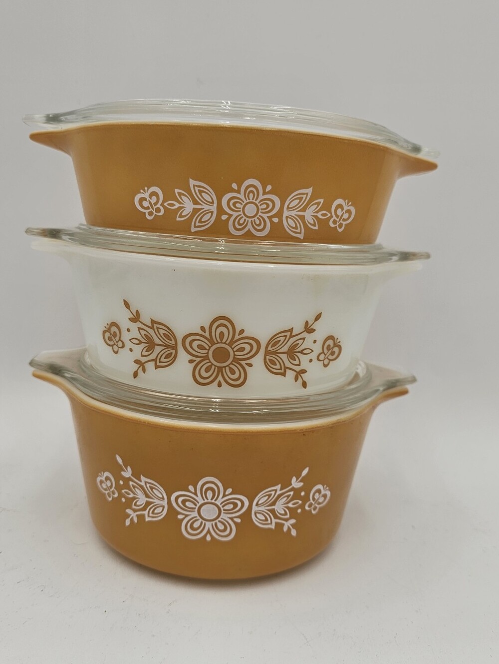 Vintage Pyrex Golden Butterfly Set Of 3 Casserole Dishes W/ Lids #471,472,473 
